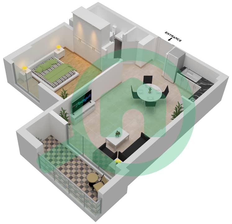 园景大厦 - 1 卧室公寓类型／单位A/1戶型图 interactive3D