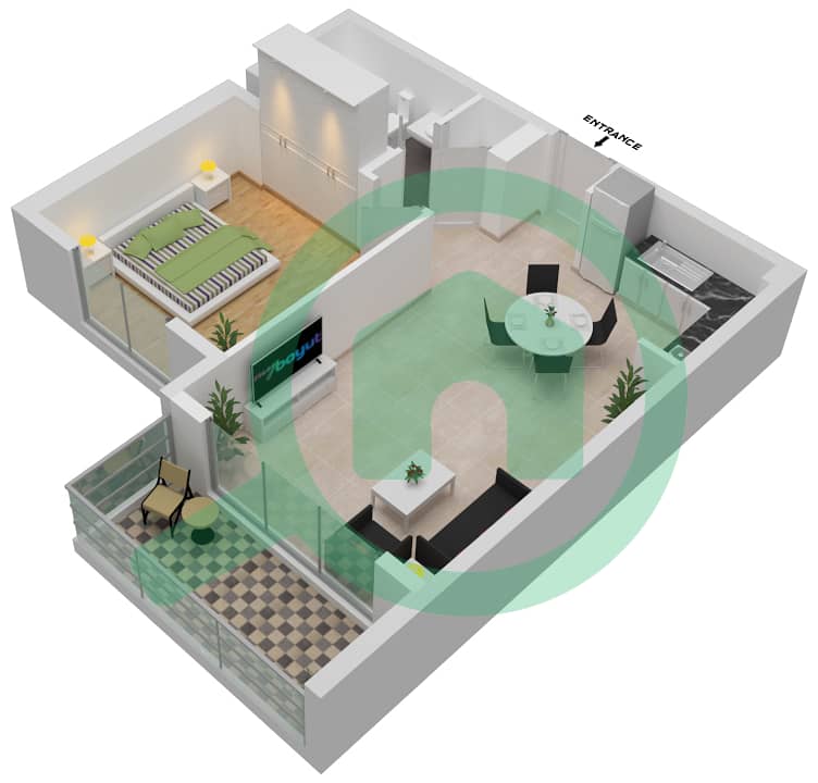 园景大厦 - 1 卧室公寓类型／单位B/1戶型图 interactive3D