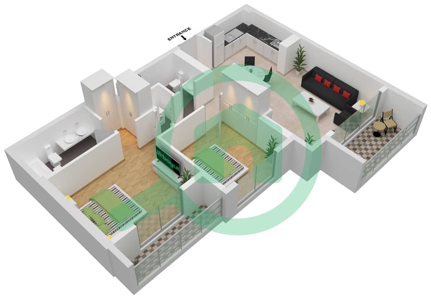 园景大厦 - 2 卧室公寓类型／单位A/2戶型图 interactive3D