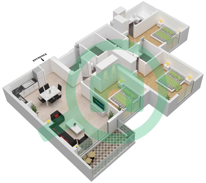 园景大厦 - 3 卧室公寓类型／单位A/3戶型图 interactive3D