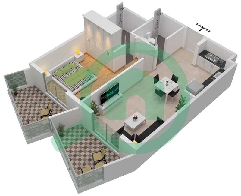 المخططات الطابقية لتصميم الوحدة 205 شقة 1 غرفة نوم - بن غاطي جيت واي interactive3D