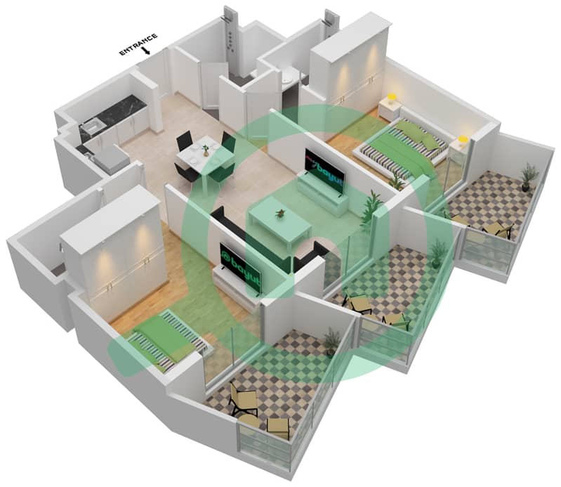 宾格蒂之门公寓大楼 - 2 卧室公寓单位211戶型图 interactive3D
