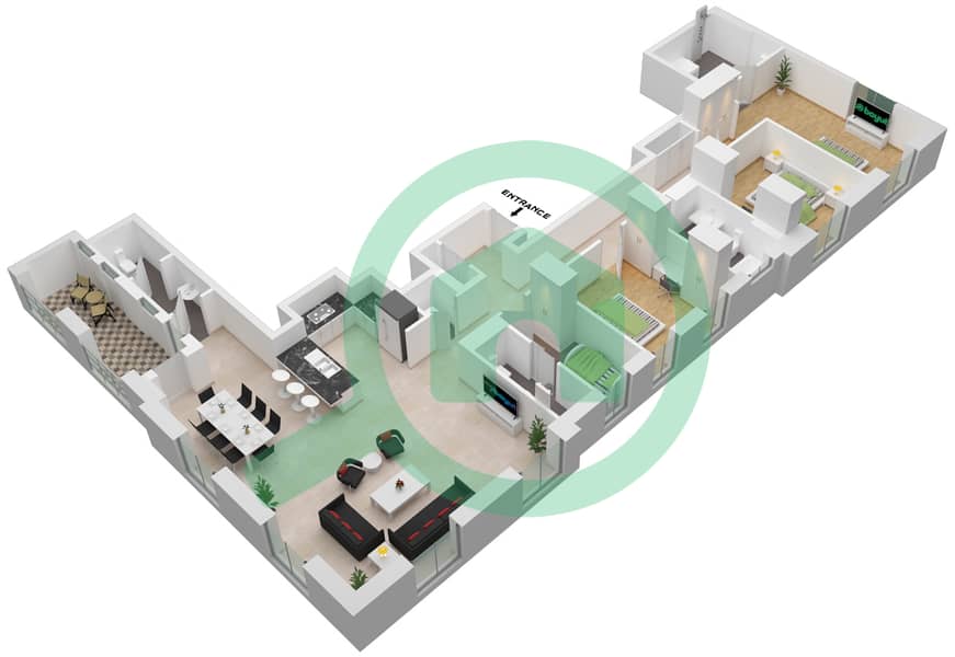 Vida Residences Creek Beach - 3 Bedroom Apartment Unit 2 Floor plan Floor 28-33 interactive3D