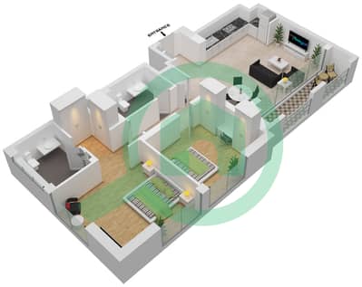 المخططات الطابقية لتصميم الوحدة 3 شقة 2 غرفة نوم - فيدا رزيدنسز شاطئ الخور