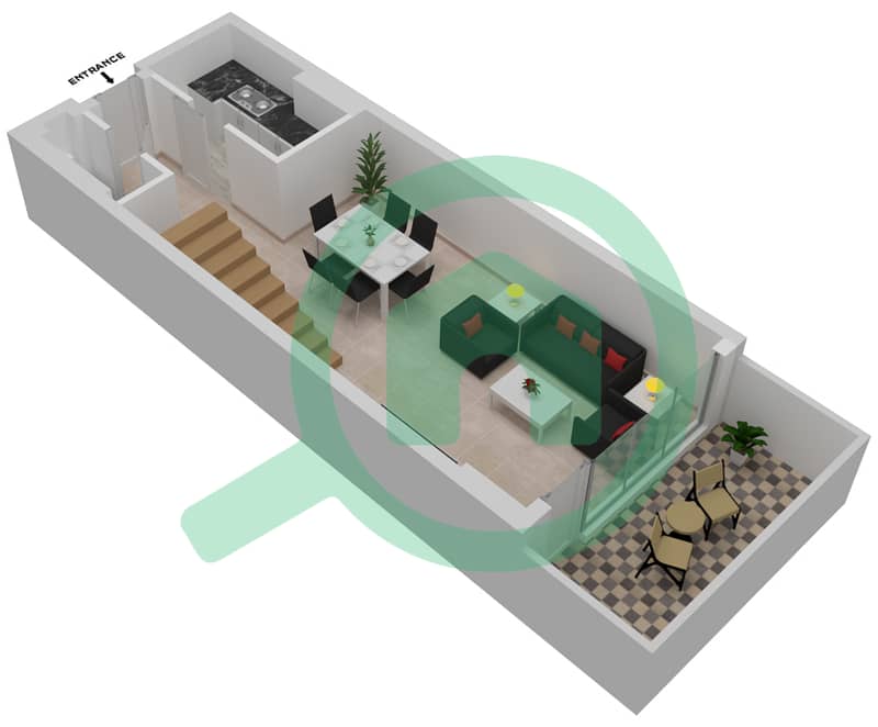 المخططات الطابقية لتصميم النموذج D شقة 1 غرفة نوم - ICE بايStree Ground Floor interactive3D