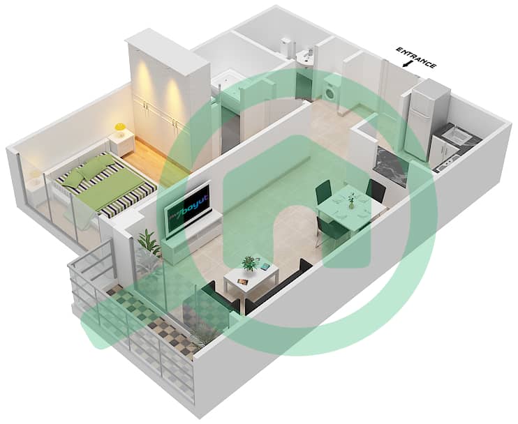 المخططات الطابقية لتصميم الوحدة 4-7,10-14,22,30 شقة 1 غرفة نوم - برايم ريزيدنس 1 interactive3D