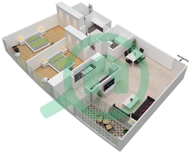 阿治曼科尼切公寓小区 - 2 卧室公寓类型2 H戶型图 interactive3D