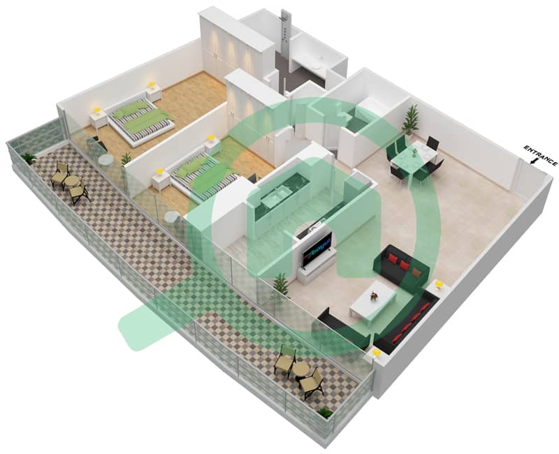 阿治曼科尼切公寓小区 - 2 卧室公寓类型2 G戶型图 interactive3D