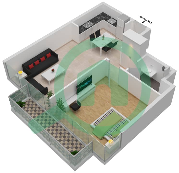 Азизи Ривьера 17 - Апартамент 1 Спальня планировка Единица измерения 01 interactive3D