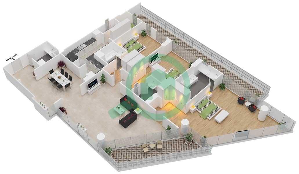 المخططات الطابقية لتصميم النموذج 003C شقة 3 غرف نوم - ممشى السعديات interactive3D