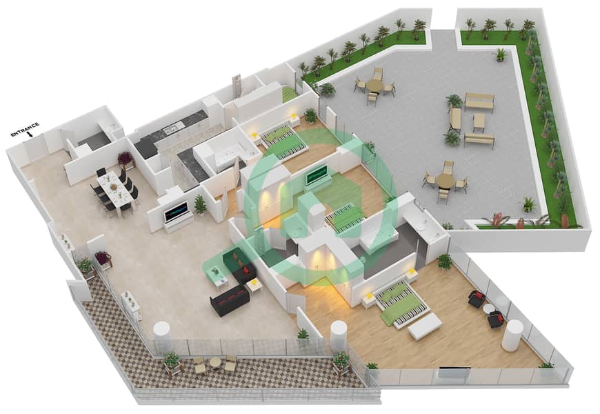 المخططات الطابقية لتصميم النموذج 3,C شقة 3 غرف نوم - ممشى السعديات interactive3D