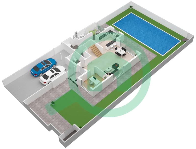 المخططات الطابقية لتصميم النموذج X SMALL فیلا 4 غرف نوم - الدالياس Ground Floor interactive3D