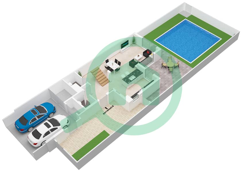 المخططات الطابقية لتصميم النموذج END UNIT فیلا 2 غرفة نوم - الدالياس Ground Floor interactive3D