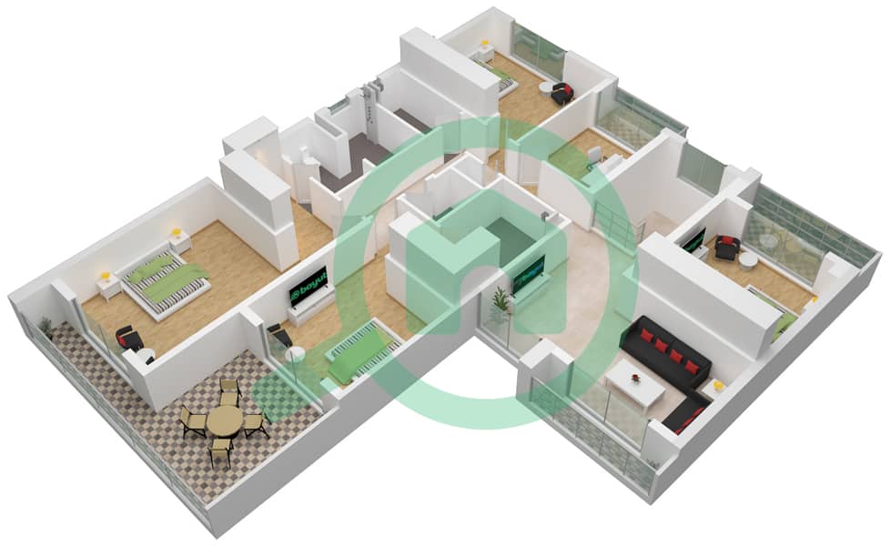 المخططات الطابقية لتصميم النموذج SECOND ROW A فیلا 4 غرف نوم - الدالياس First Floor interactive3D