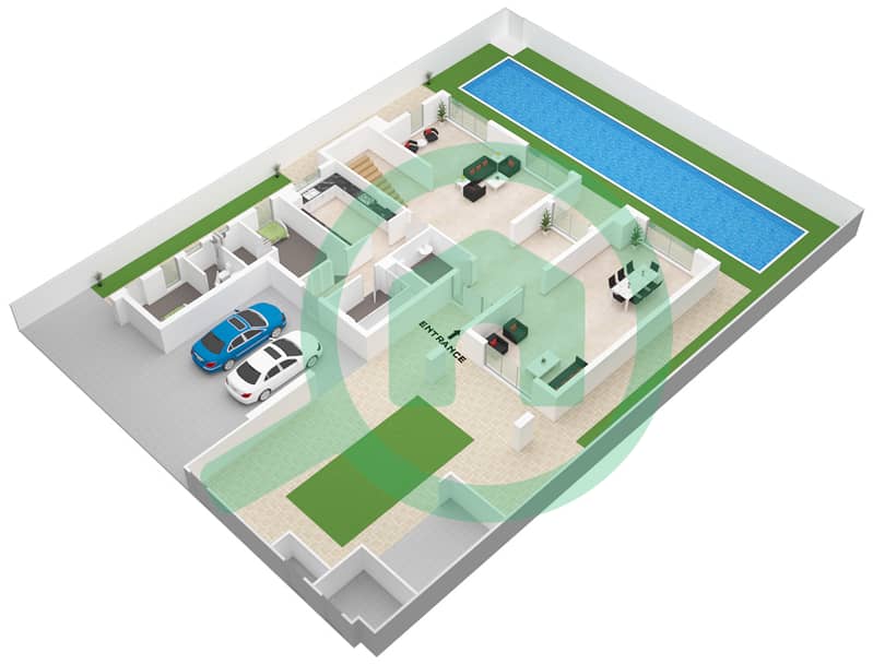 المخططات الطابقية لتصميم النموذج SECOND ROW B فیلا 4 غرف نوم - الدالياس Ground Floor interactive3D