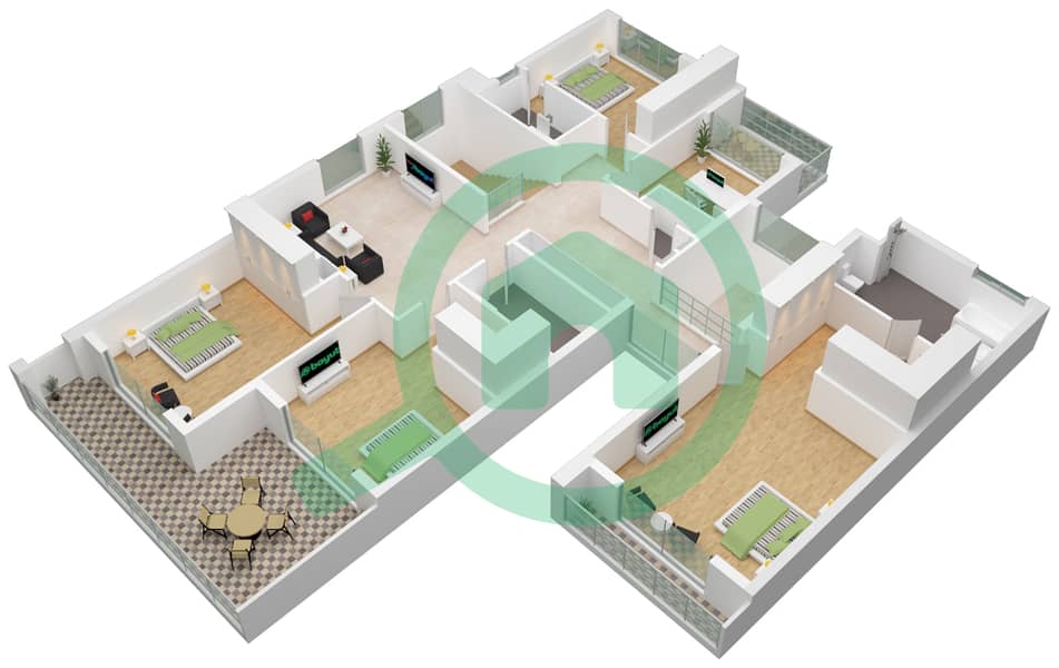 المخططات الطابقية لتصميم النموذج SECOND ROW B فیلا 4 غرف نوم - الدالياس First Floor interactive3D