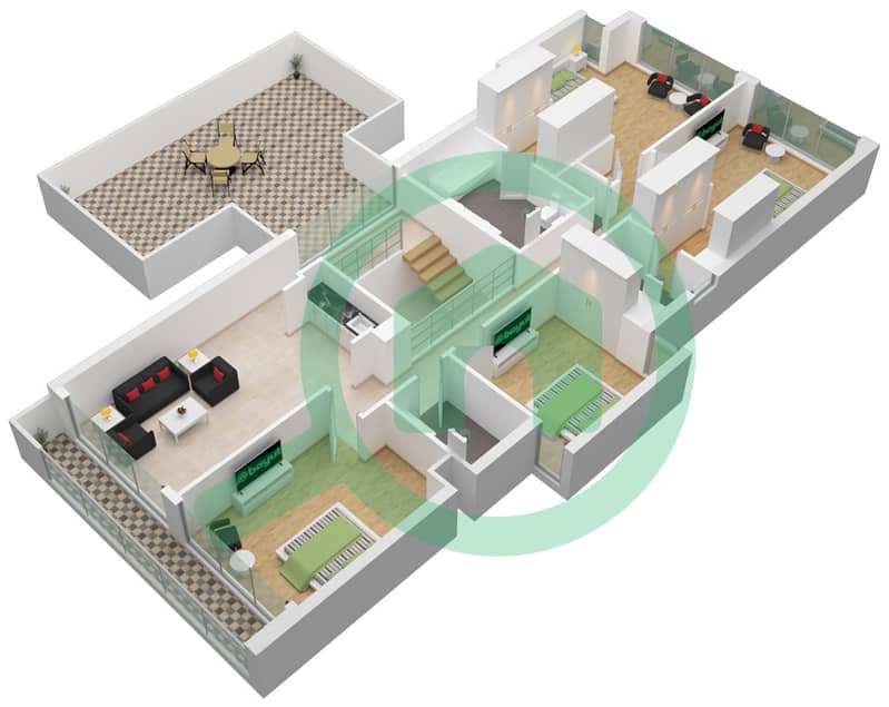 المخططات الطابقية لتصميم النموذج FRONT ROW فیلا 4 غرف نوم - الدالياس First Floor interactive3D
