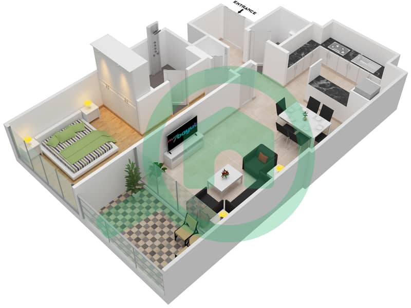 المخططات الطابقية لتصميم النموذج B شقة 1 غرفة نوم - بانيان تري ريزيدنسز interactive3D