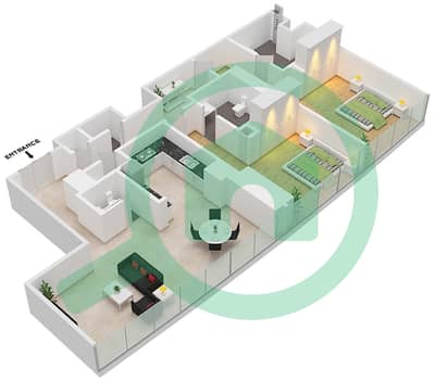 المخططات الطابقية لتصميم النموذج A شقة 2 غرفة نوم - مساكن جميرا ليفنج بالمركز التجاري العالمي