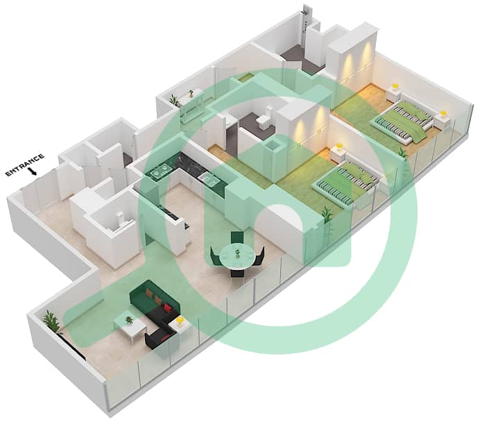 المخططات الطابقية لتصميم النموذج A شقة 2 غرفة نوم - مساكن جميرا ليفنج بالمركز التجاري العالمي interactive3D