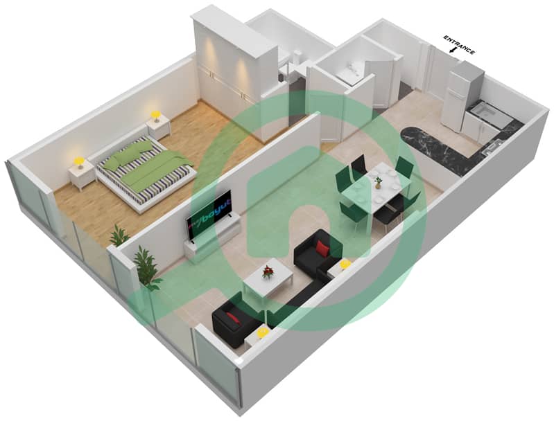 迪拜明星大厦 - 1 卧室公寓单位4戶型图 Floor 26-42 interactive3D