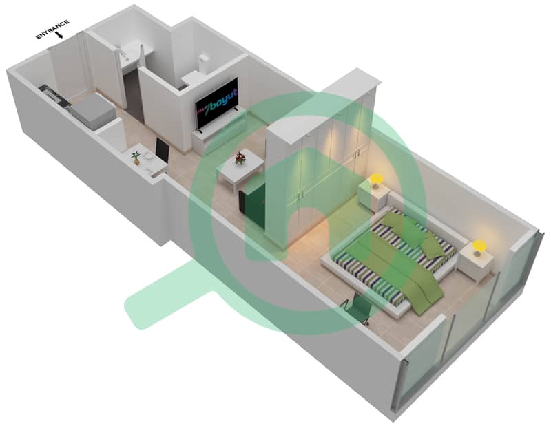 المخططات الطابقية لتصميم الوحدة 9-10 شقة استوديو - برج بريتوني Floor 26-42 interactive3D