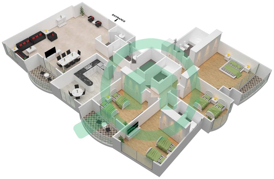 迪拜明星大厦 - 4 卧室公寓单位3戶型图 Floor 43-44 interactive3D