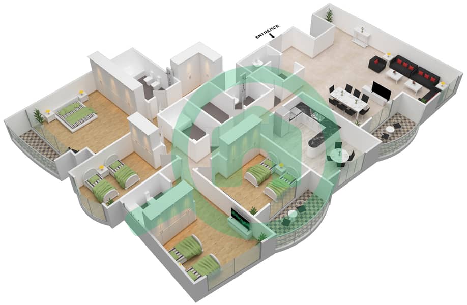 迪拜明星大厦 - 4 卧室公寓单位2戶型图 Floor 43-44 interactive3D