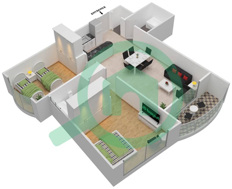 迪拜明星大厦 - 2 卧室公寓单位2,6,8,13戶型图 Floor 26-42 interactive3D