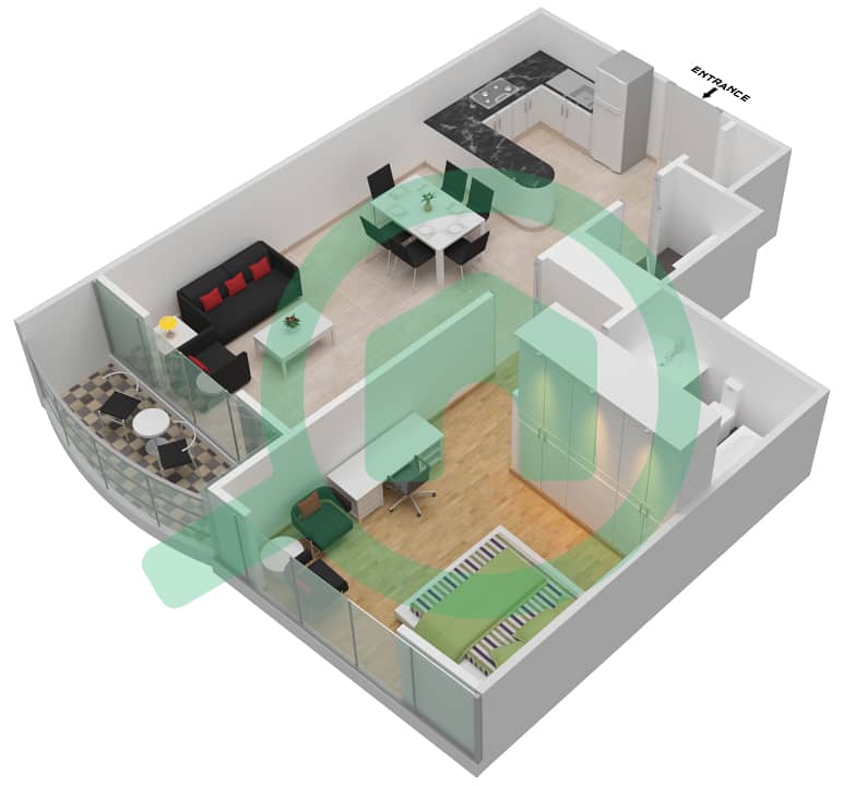 迪拜明星大厦 - 1 卧室公寓单位3,5,9,12戶型图 Floor 26-42 interactive3D
