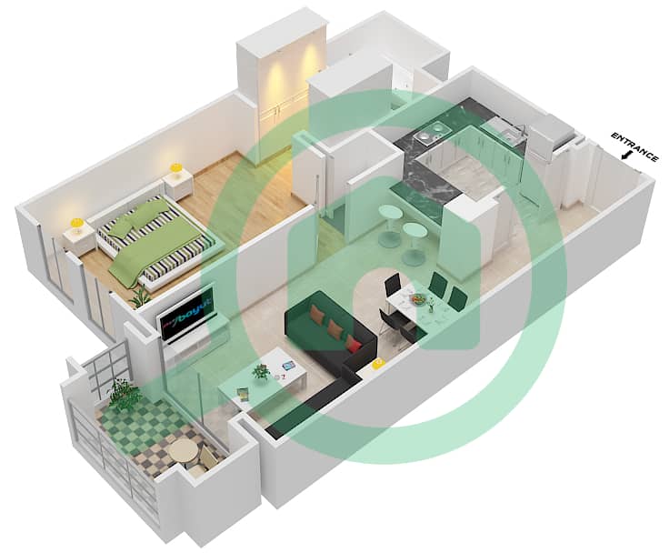 燕舒8号楼 - 1 卧室公寓单位1 FLOOR 1-3戶型图 Floor 1-3 interactive3D
