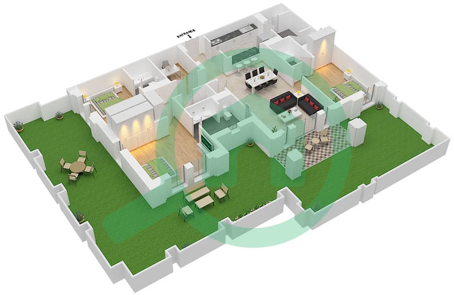 燕舒8号楼 - 3 卧室公寓类型7 GROUND FLOOR戶型图 Ground Floor interactive3D