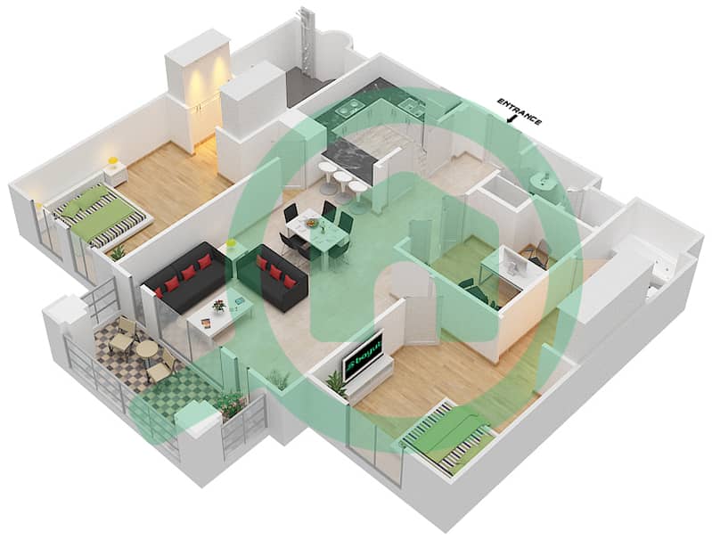 المخططات الطابقية لتصميم الوحدة 8 FLOOR 1-3 شقة 2 غرفة نوم - يانسون 8 Floor 1-3 interactive3D