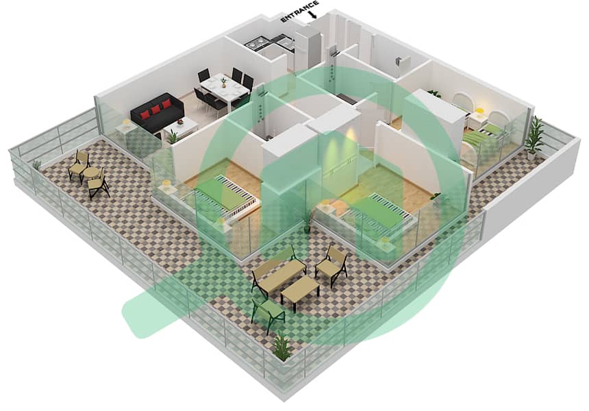 Аль Марьях Виста - Апартамент 3 Cпальни планировка Тип A Floor 1,3,5,9,11,12,13,15,16,17,18,10,20 interactive3D
