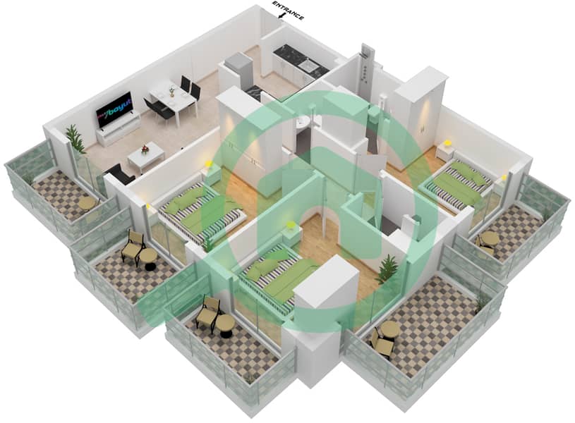 المخططات الطابقية لتصميم النموذج F شقة 3 غرف نوم - بن غاطي روز interactive3D
