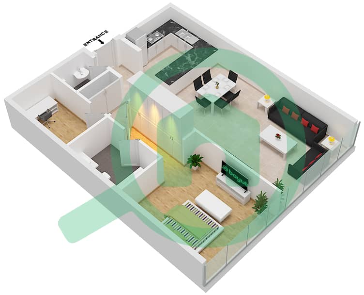 المخططات الطابقية لتصميم النموذج C شقة 1 غرفة نوم - مساكن لمار interactive3D