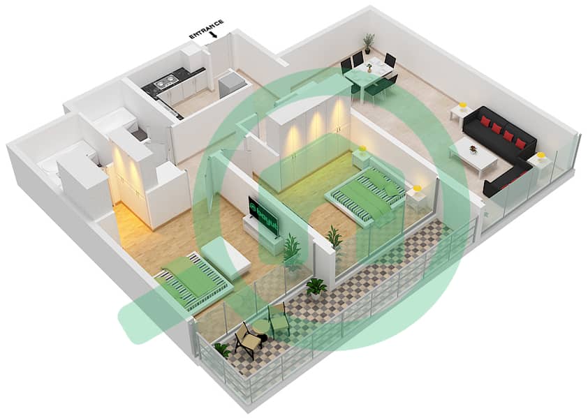 المخططات الطابقية لتصميم النموذج E شقة 2 غرفة نوم - مساكن لمار interactive3D