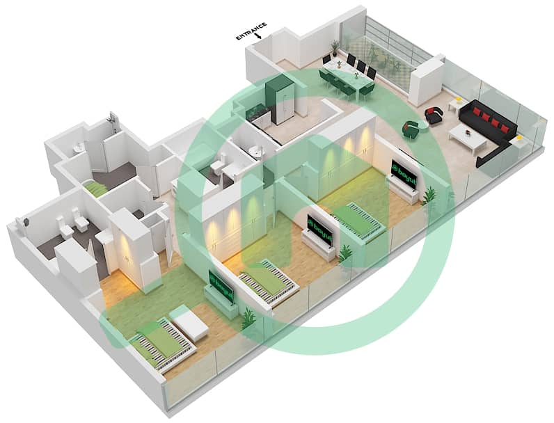 Резиденс Ламар - Апартамент 3 Cпальни планировка Тип B interactive3D