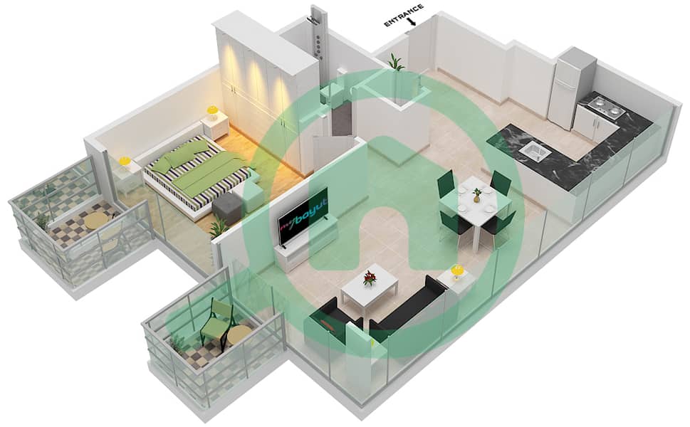 المخططات الطابقية لتصميم النموذج A شقة 1 غرفة نوم - كريك فيوز باي عزيزي (فرهاد عزيزي ريزيدنس) interactive3D