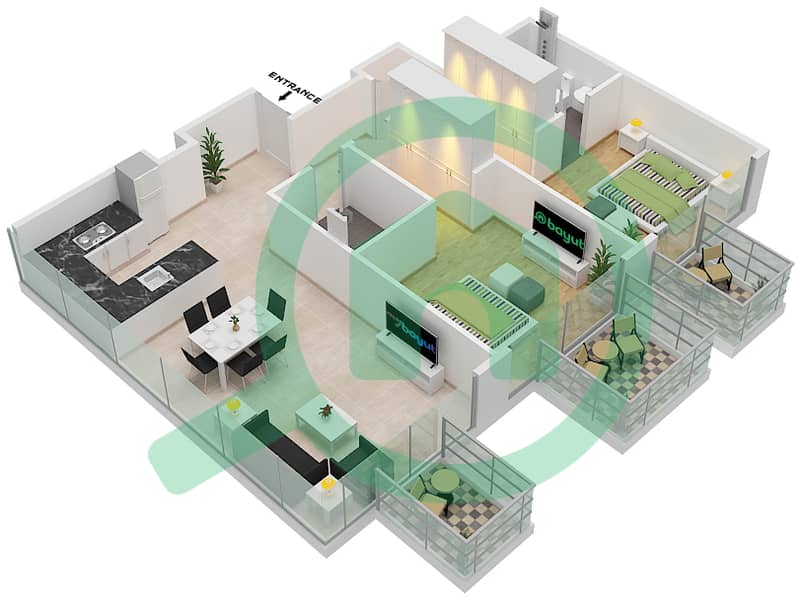 المخططات الطابقية لتصميم النموذج B شقة 2 غرفة نوم - كريك فيوز من عزيزي interactive3D