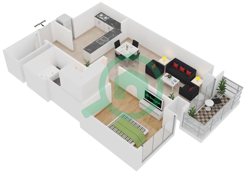 المخططات الطابقية لتصميم النموذج / الوحدة B شقة 1 غرفة نوم - برج المها Floor 4-39 interactive3D