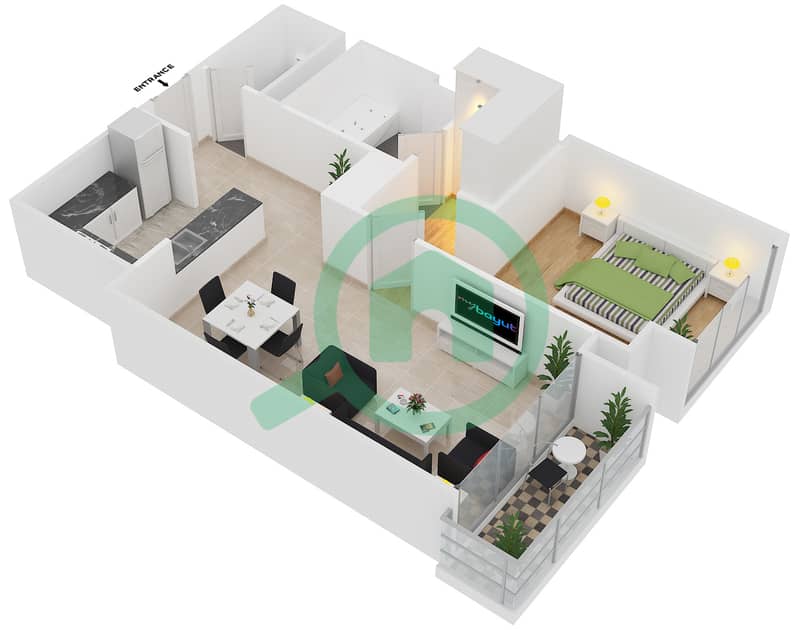 阿尔马哈大厦 - 1 卧室公寓类型／单位D戶型图 Floor 4-39 interactive3D