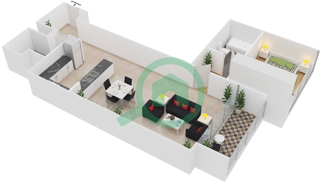 المخططات الطابقية لتصميم النموذج / الوحدة F شقة 1 غرفة نوم - برج المها Floor 6-39 interactive3D