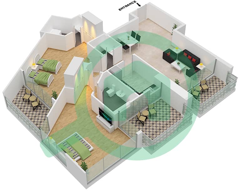 المخططات الطابقية لتصميم الوحدة 10 FLOOR 9,10,12,25,26 شقة 2 غرفة نوم - داماك ميزون بريفيه Floor 9,10,12,25,26 interactive3D