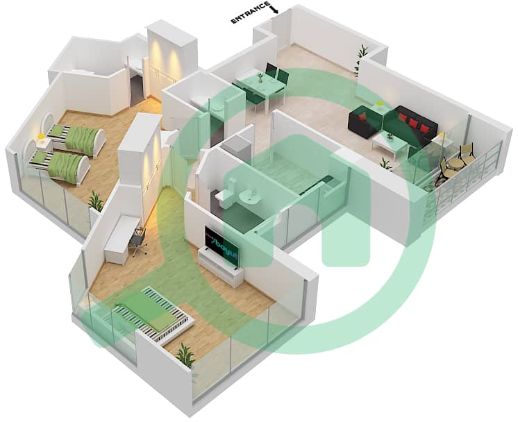 المخططات الطابقية لتصميم الوحدة 10 FLOOR 21,22 شقة 2 غرفة نوم - داماك ميزون بريفيه Floor 21,22 interactive3D