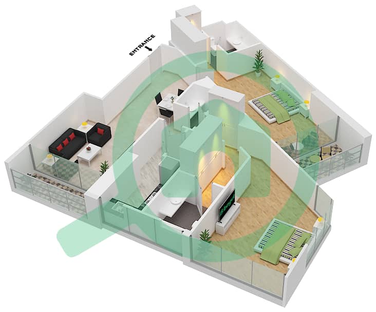 المخططات الطابقية لتصميم الوحدة 5 FLOOR 29-32 شقة 1 غرفة نوم - داماك ميزون بريفيه Floor 29-32 interactive3D