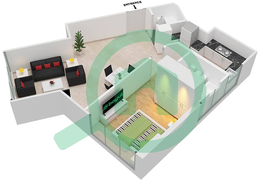 达马克奢华之家 - 1 卧室公寓单位1 FLOOR 1戶型图 Floor 1 interactive3D