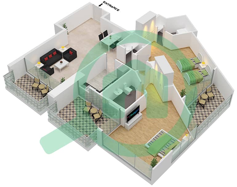DAMAC Maison Prive - 2 Bedroom Apartment Unit 8 FLOOR 5,9-12,25,26 Floor plan Floor 5,9-12,25,26 interactive3D