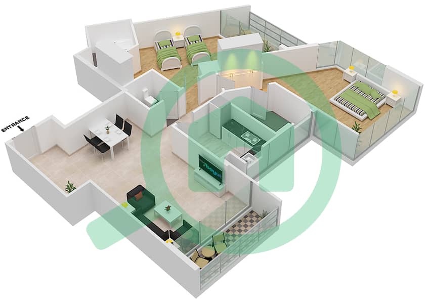 达马克奢华之家 - 2 卧室公寓单位8 FLOOR 21,22戶型图 Floor 21,22 interactive3D