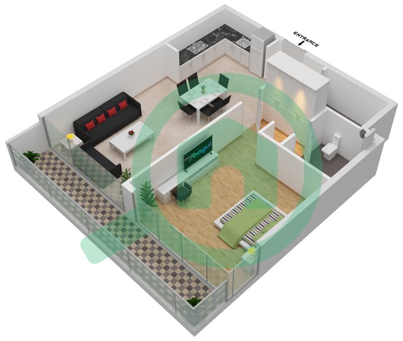 المخططات الطابقية لتصميم الوحدة 25 شقة 1 غرفة نوم - عزيزي ريفيرا 17 interactive3D
